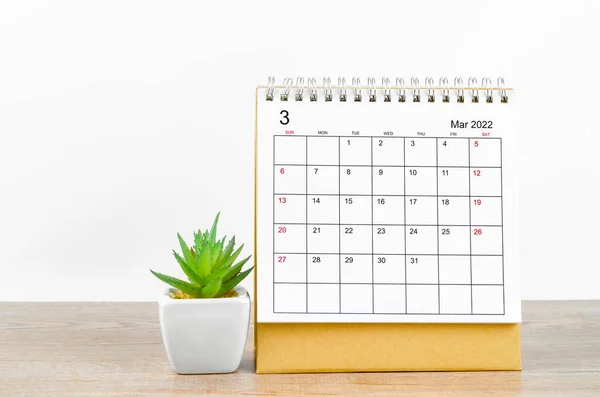 2022年3月木製テーブル上の植物鍋付きデスクカレンダー — ストック写真