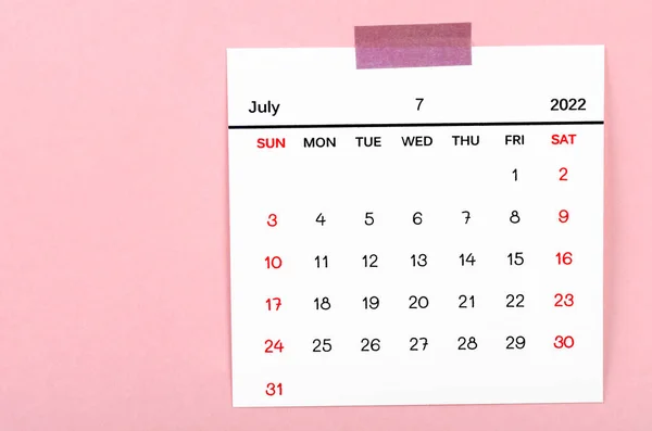 Calendario Julio 2022 Sobre Fondo Rosa — Foto de Stock