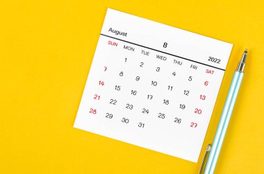 The August 2022 calendar on yellow background. clipart