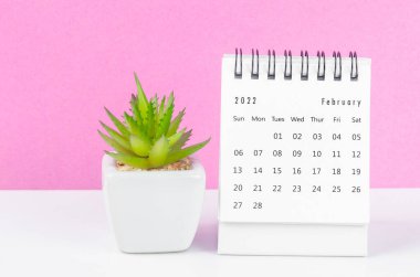 Şubat 2022 masa takvimi. Pembe arka planda saksı var..