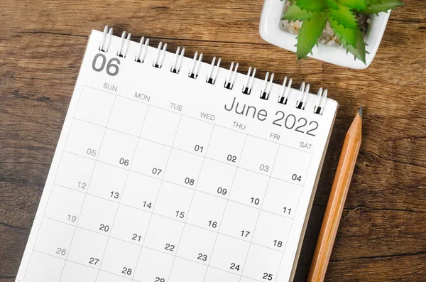 Schreibtischkalender Juni 2022 Mit Pflanze Auf Holztisch — Stockfoto