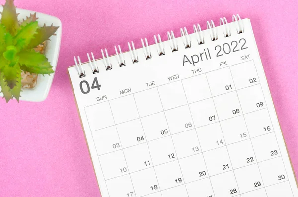 April 2022 Skrivbord Kalender Med Växt Kruka Rosa Bakgrund — Stockfoto