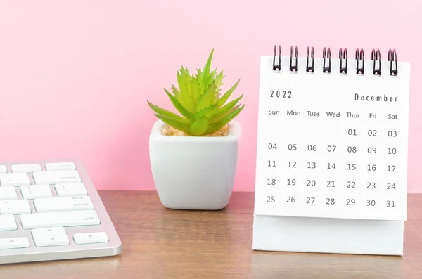 木のテーブルの上の植物と2022年12月の机のカレンダー — ストック写真