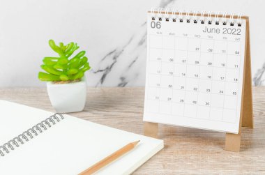 Haziran 2022 masa takvimi. Tahta masa üzerinde bitki var..