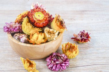 Ahşap arka planda, ahşap fincanda kurumuş saman başları..