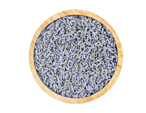Torr Lavendel Blommor Trä Skål Isolerad Vit Bakgrund Spara Klippning — Stockfoto
