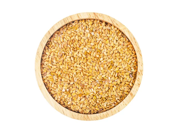 Gold Flax Seed Wooden Bowl Isolated White Background Clipping Path — Stock Photo, Image