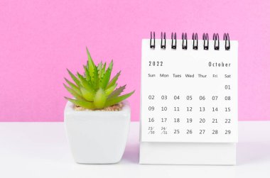 Ekim 2022 masa takvimi. Pembe arka planda saksı var..