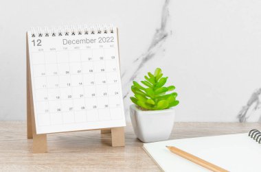 Aralık 2022 masa takvimi. Tahta masa üzerinde bitki var..