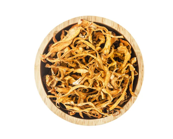Dried Cordyceps Militaris Mushroom Wooden Bowl Isolated White Background Clipping — 스톡 사진