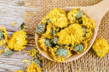 Tahta kaşıkta kurutulmuş kasımpatı çayı..