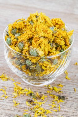 Kurutulmuş Krizantem çayı, cam bardakta..