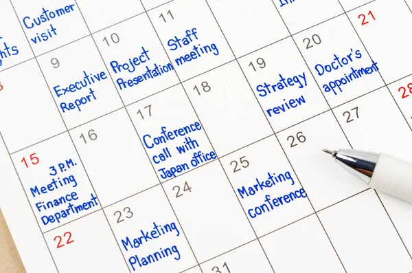 Las Citas Programación Escritura Mano Hoja Calendario Con Pluma — Foto de Stock