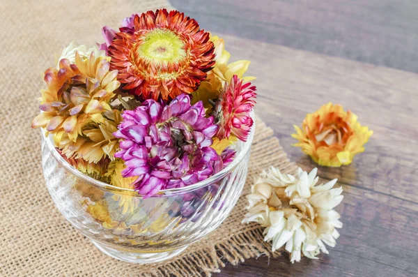The Dried straw flower heads in cup on wooden background.