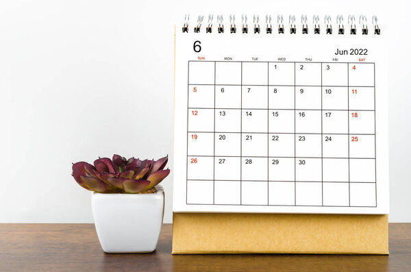 The June 2022 desk calendar with plant on wooden table.