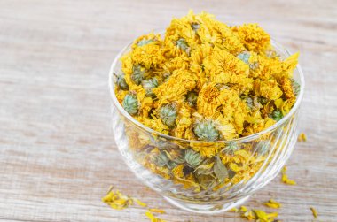 Kurutulmuş Krizantem çayı, cam bardakta..