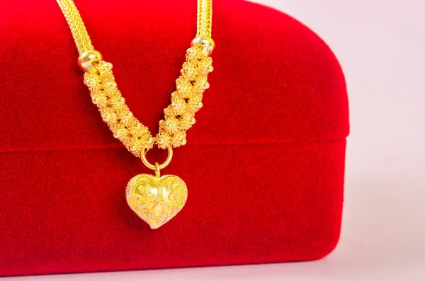 Gold Necklace Heart Shape Pendant Gold Ring Red Velvet Box — Stock Photo, Image