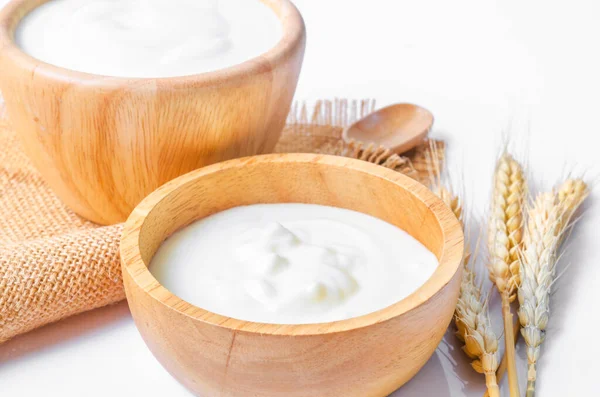 Greek Yogurt Wooden Bowl Dry Barley Table — Stock Photo, Image