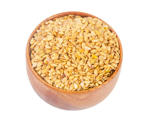 Gold Flax Seed Wooden Bowl Isolated White Background Clipping Path — Stock Photo, Image