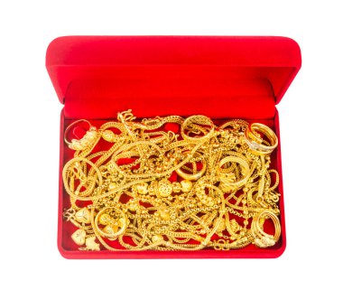 Kırmızı kutudaki altın süs beyaz arkaplanda izole edilmiş, kırpma yolu ile kaydet.