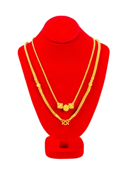 Die Gold Halskette Auf Halskettenständer Isoliert Auf Weißem Hintergrund Clipping — Stockfoto
