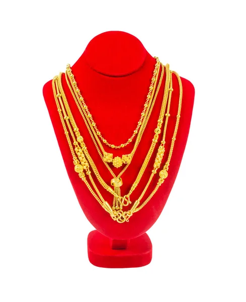 Gouden Ketting Ketting Display Staan Geïsoleerd Witte Achtergrond Opslaan Knippen — Stockfoto