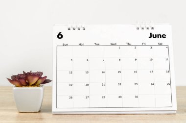 Haziran 2022 masa takvimi. Tahta masa üzerinde saksı var..