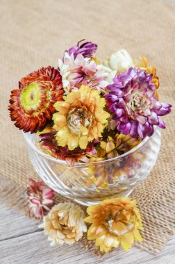 Kurutulmuş saman çiçeğinin başları ahşap arka planda..