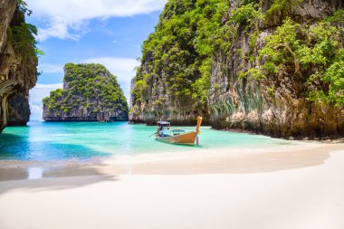 Tayland geleneksel uzun kuyruklu teknesi ve Tayland 'ın Phuket eyaletindeki güzel plajı..