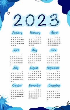Takvim Maviler 2023 'ü gösteriyor. İngilizce basit vektör dikey duvar veya cep takvimi.