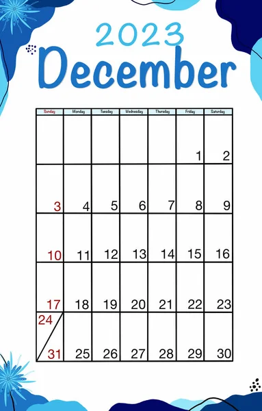 十二月历2023年 英文矢量垂直日历模板 最低限度的设计 星期日开始一周 — 图库矢量图片