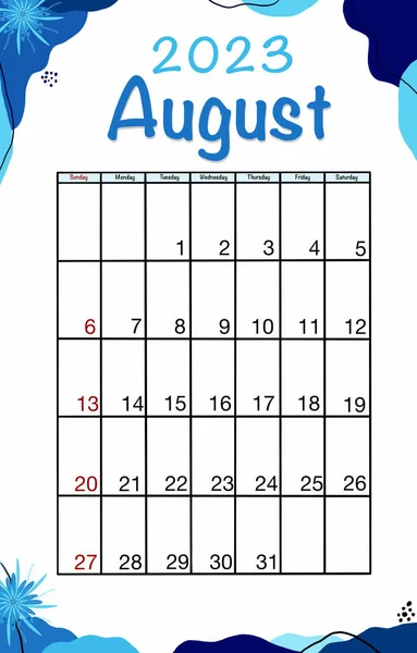 八月历2023年 英文矢量垂直日历模板 最低限度的设计 星期日开始一周 — 图库矢量图片