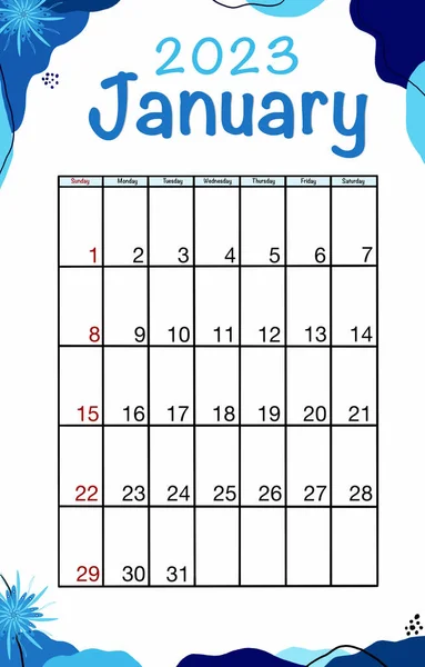 Jaunary Planificador 2023 Años Plantilla Calendario Vertical Vector Inglés Diseño — Vector de stock