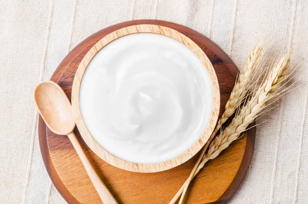 Greek Yogurt Wooden Bowl Dry Barley Table — Stock Photo, Image