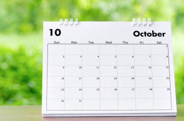 October 2022 Calendar desk for organizer to plan and reminder on wooden table on nature background.