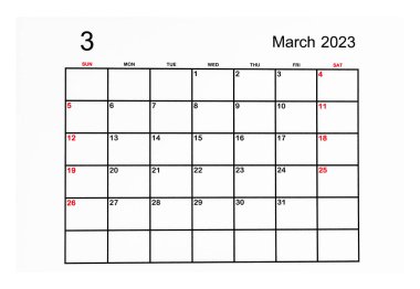 March 2023 Monthly calendar for 2023 year on white background.