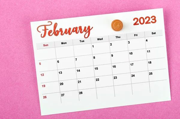 February 2023 Monthly Calendar Wooden Push Pin Pink Background — Stock Photo, Image