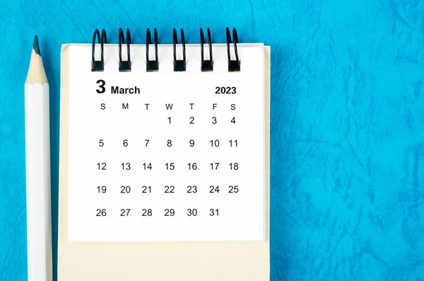 Março 2023 Calendário Mensal Mesa Para 2023 Com Lápis Sobre — Fotografia de Stock