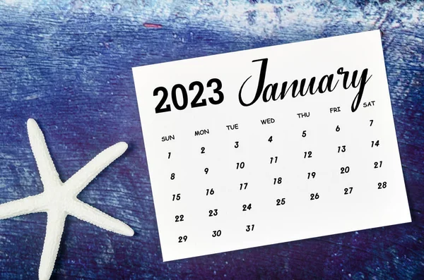 Leden 2023 Měsíční Kalendář Hvězdice Modrém Dřevěném Pozadí — Stock fotografie