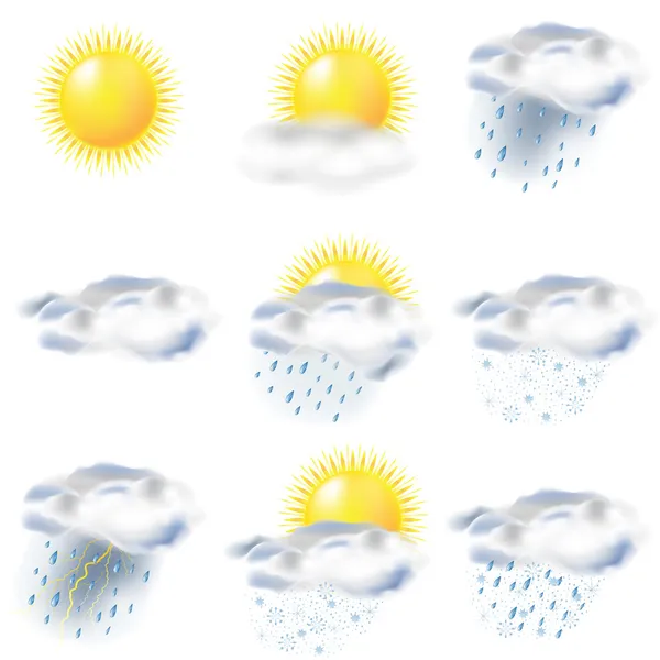 Iconos del tiempo: sol, lluvia, nieve, tormenta — Vector de stock