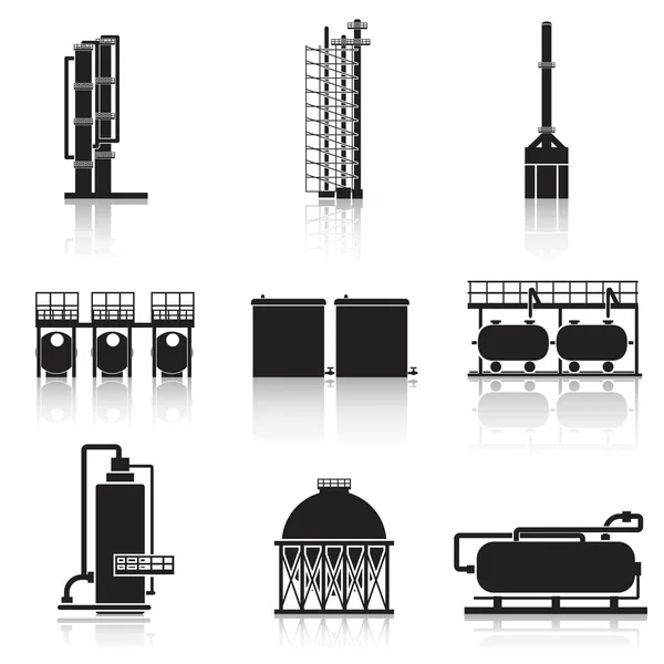 Iconos refinería de petróleo, tuberías, tanques, gasolina, gas — Vector de stock