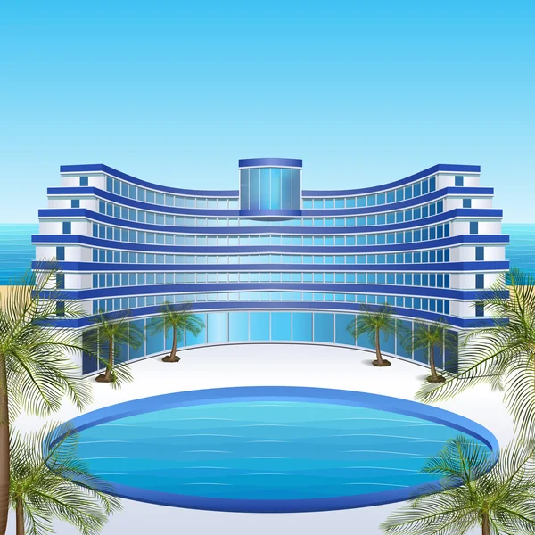 Ξενοδοχείο εικονίδιο: υπόλοιπο, θάλασσα, ήλιος, φοίνικες — Διανυσματικό Αρχείο