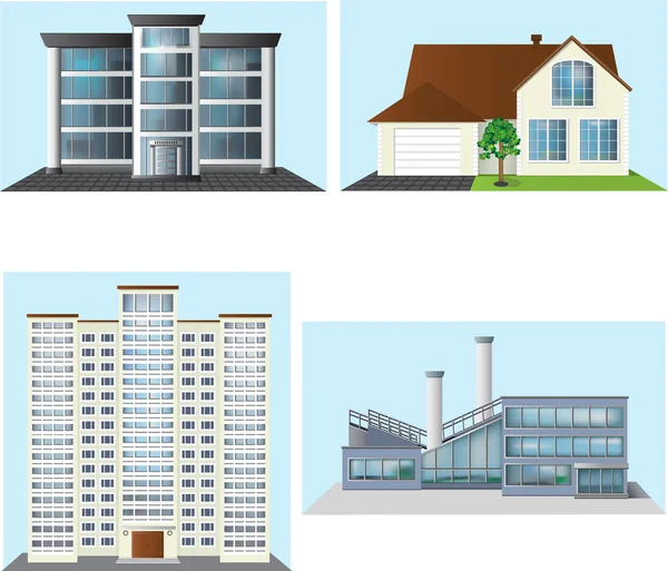 Set of buildings: office, house, factory — Stock Vector