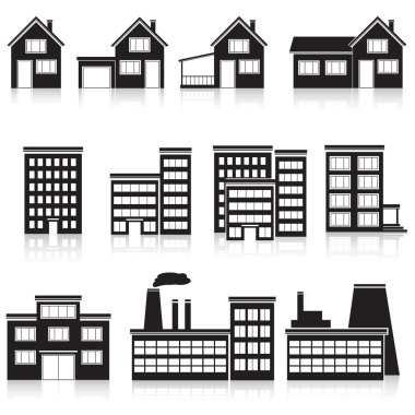set of buildings: office, house, factory clipart