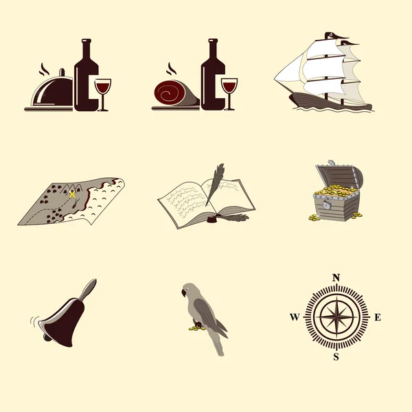 Pirate icons: ship, treasure chest, compass — Stock Vector