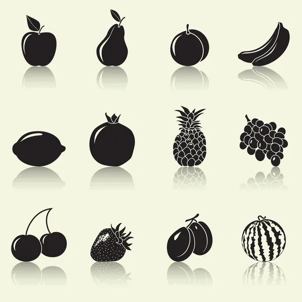 Frukt och bär, silhuetter: äpple, päron, banan — Stock vektor