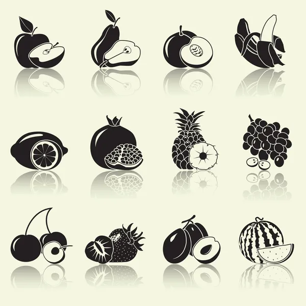Frukt och bär, silhuetter: äpple, päron, banan — Stock vektor