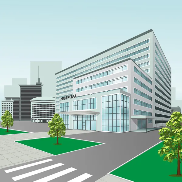 Edificio del hospital en el fondo de la ciudad — Vector de stock