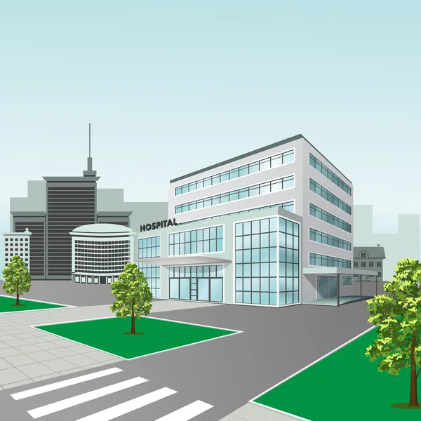 Edificio ospedaliero sullo sfondo della città in prospettiva — Vettoriale Stock