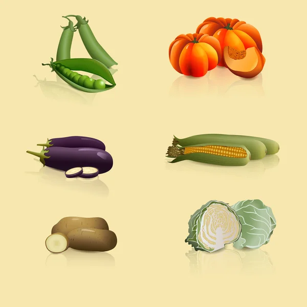 Stukken van groenten: erwten, kool, aardappels, maïs — Stockvector
